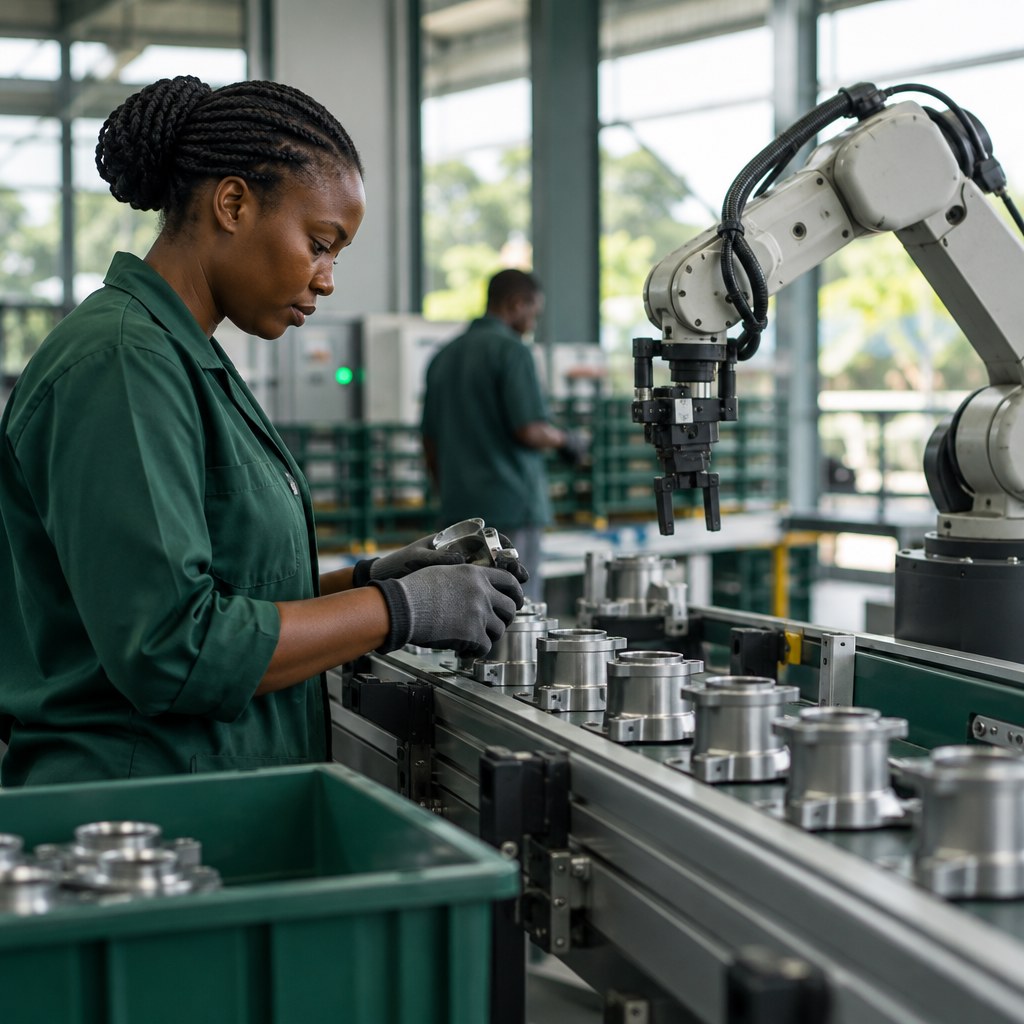 African manufacturing team reviewing an operational-improvement pilot baseline